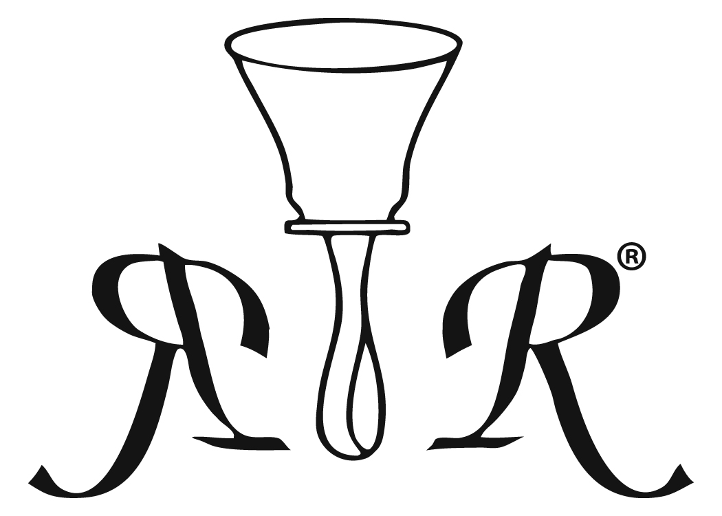 Alternate logo for The Raleigh Ringers consisting of an outline of a handbell sitting vertically with two capital letter r's sitting on either side of the handle. The R on the left side of the handle is a mirror image (horizontal) of the R to the right side of the handle.