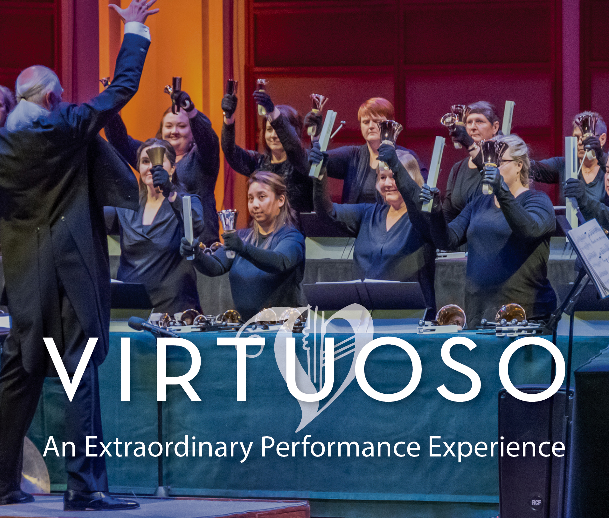 virtuoso 10 handbell ringers standing behind tables enthusiastically lifting handbells and choirchimes above their heads. On top of the image is the logo of a styled V with "Virtuoso, and extraordinary performance experience."