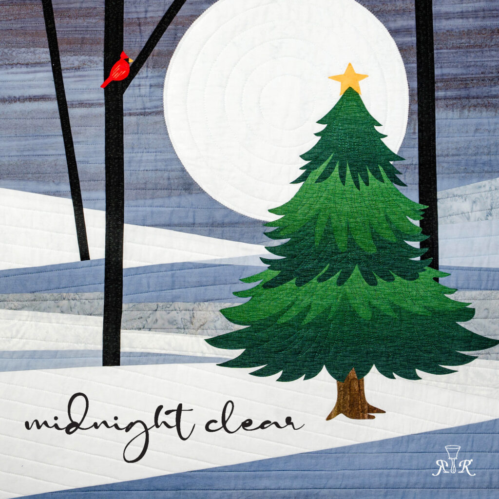 Image of a snow scene quilt. geometric white and blue shapes make up the snow with a large white moon in the background. Bare trees feature one small red cardinal. In the foreground is a large pine tree that is unadorned except for a yellow star at the top. Title type for the CD Midnight Clear.